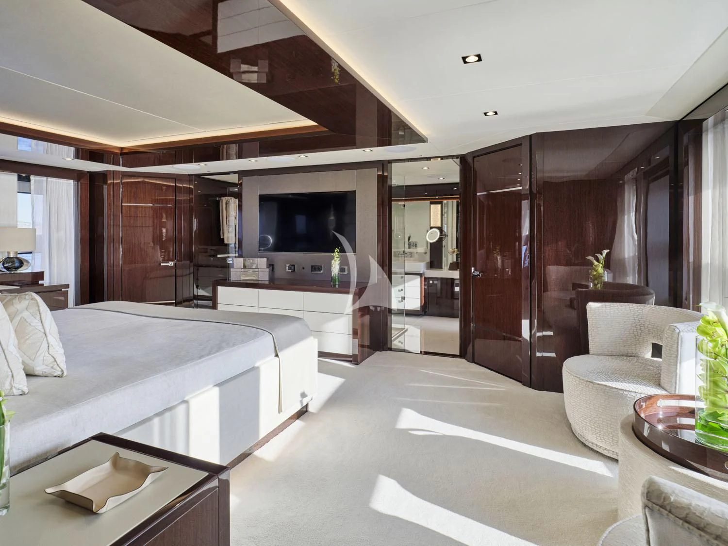 a room with a bed and a tv aboard AQUA LIBRA Yacht for Charter
