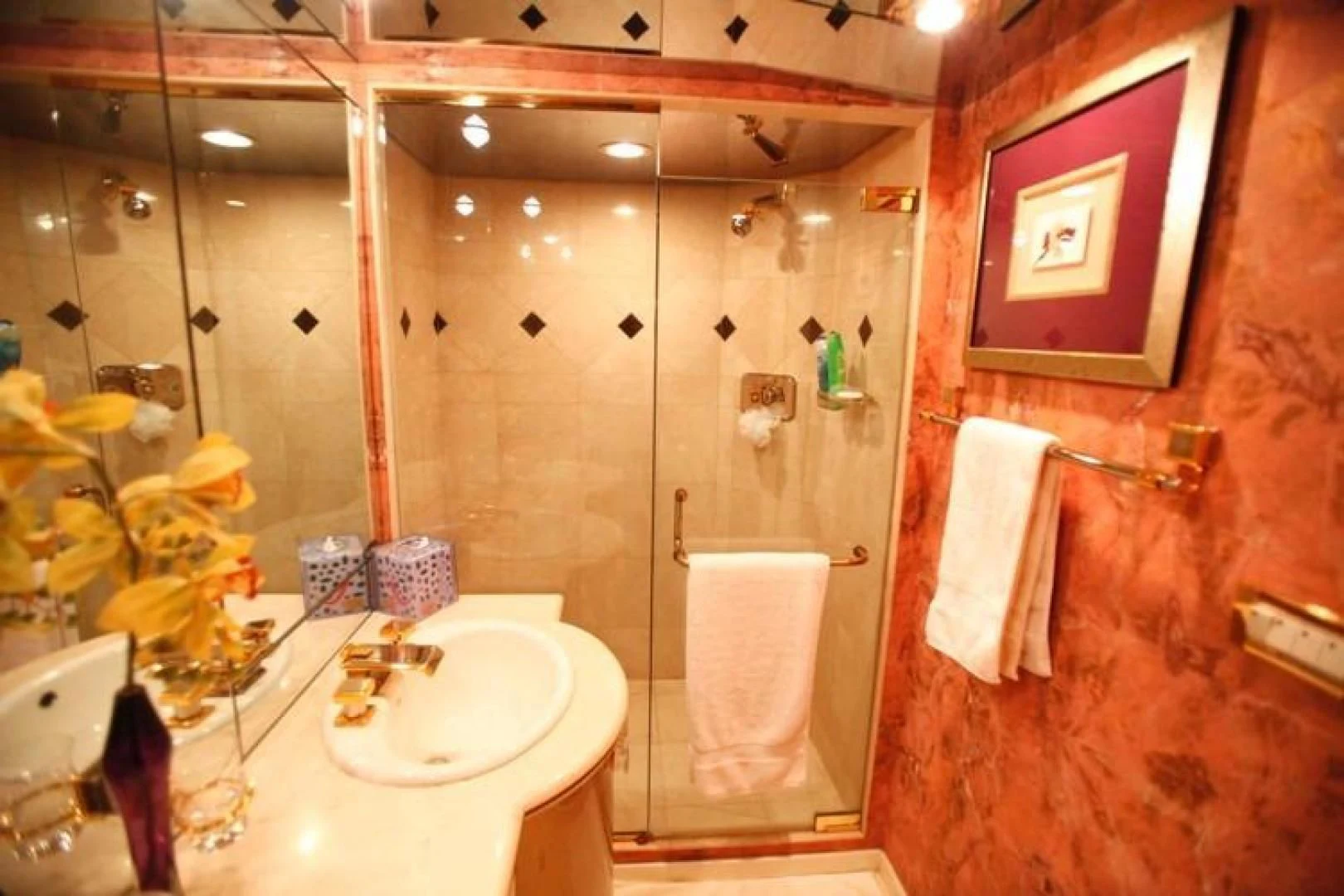 a bathroom with a shower and sink aboard TAMTEEN Yacht for Sale