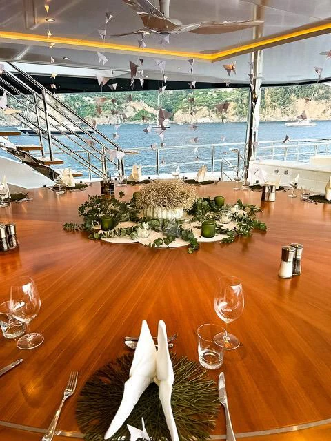 a cat sitting on a table with wine glasses and a view of the water and a beach and aboard CALEX Yacht for Sale