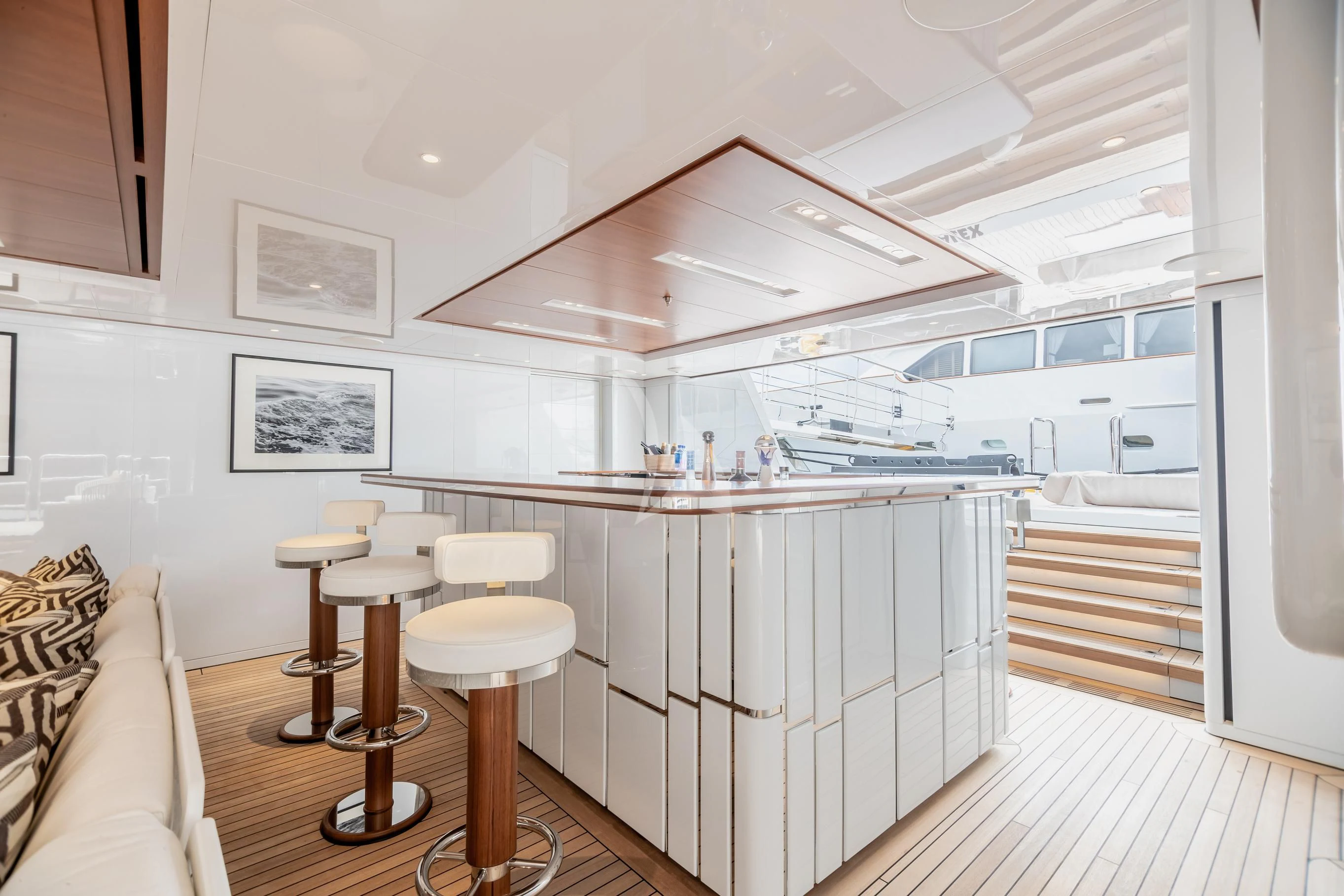 a kitchen with a large island aboard CALEX Yacht for Sale