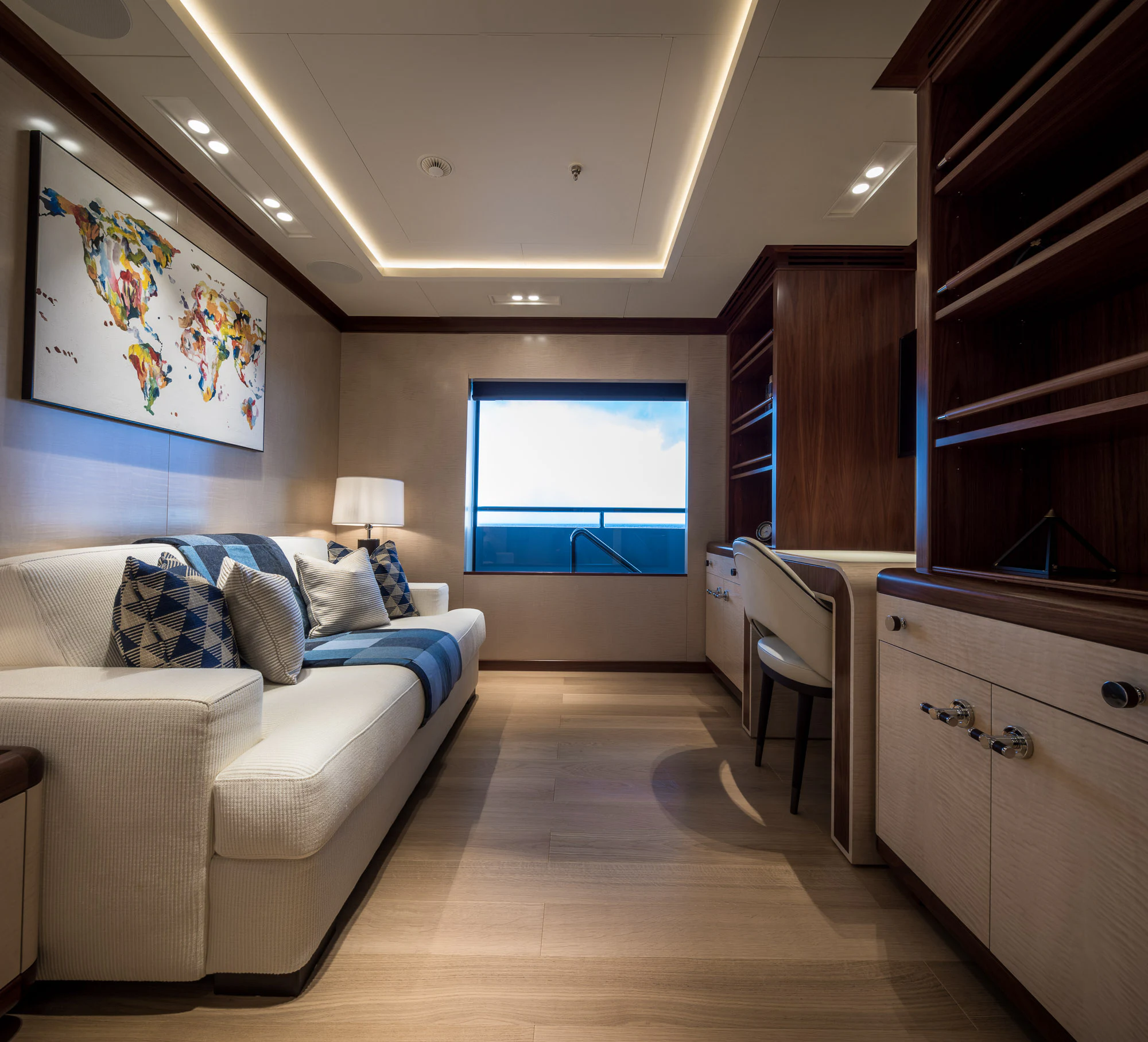 a room with a bed and a window aboard CALEX Yacht for Sale