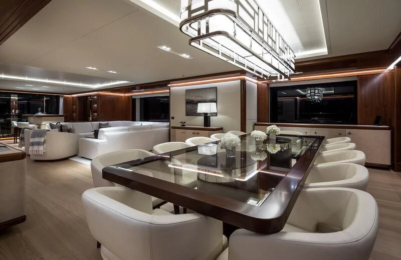 a modern looking living room aboard CALEX Yacht for Sale