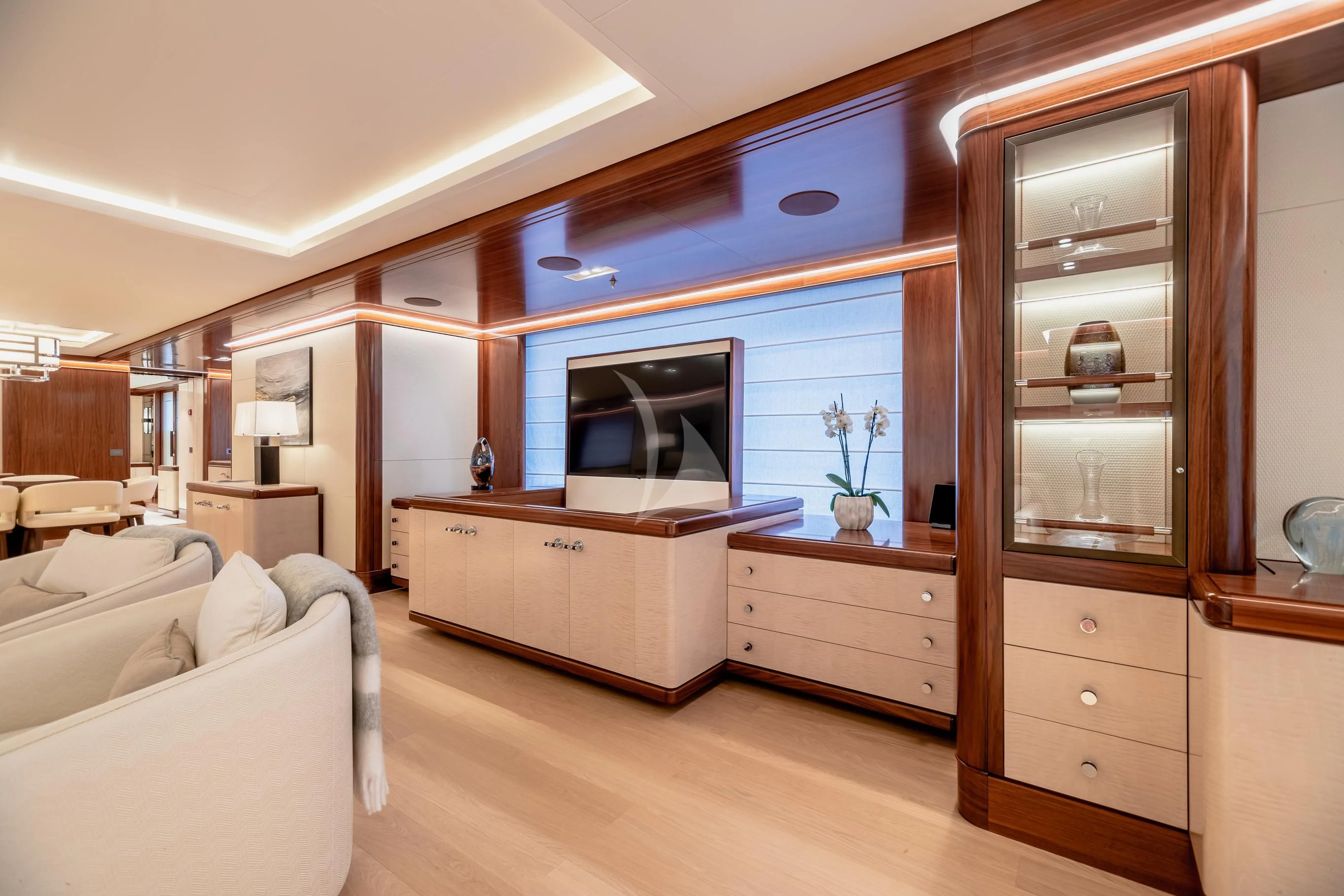 a room with a bed and a television aboard CALEX Yacht for Sale