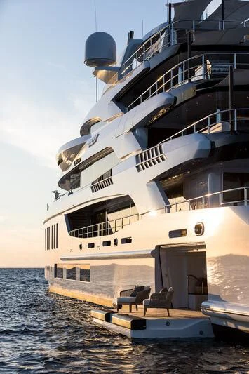 a large cruise ship docked aboard CALEX Yacht for Sale