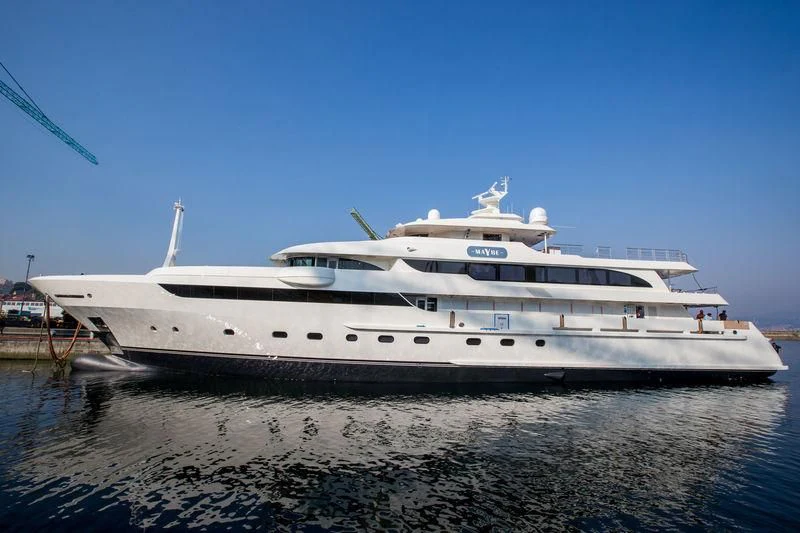 a large white yacht aboard MAYBE Yacht for Sale