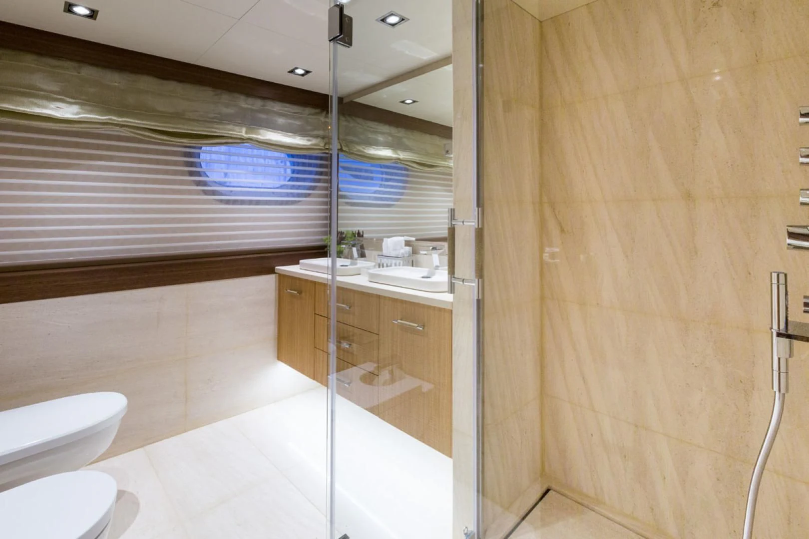 a bathroom with a shower unit aboard MAYBE Yacht for Sale