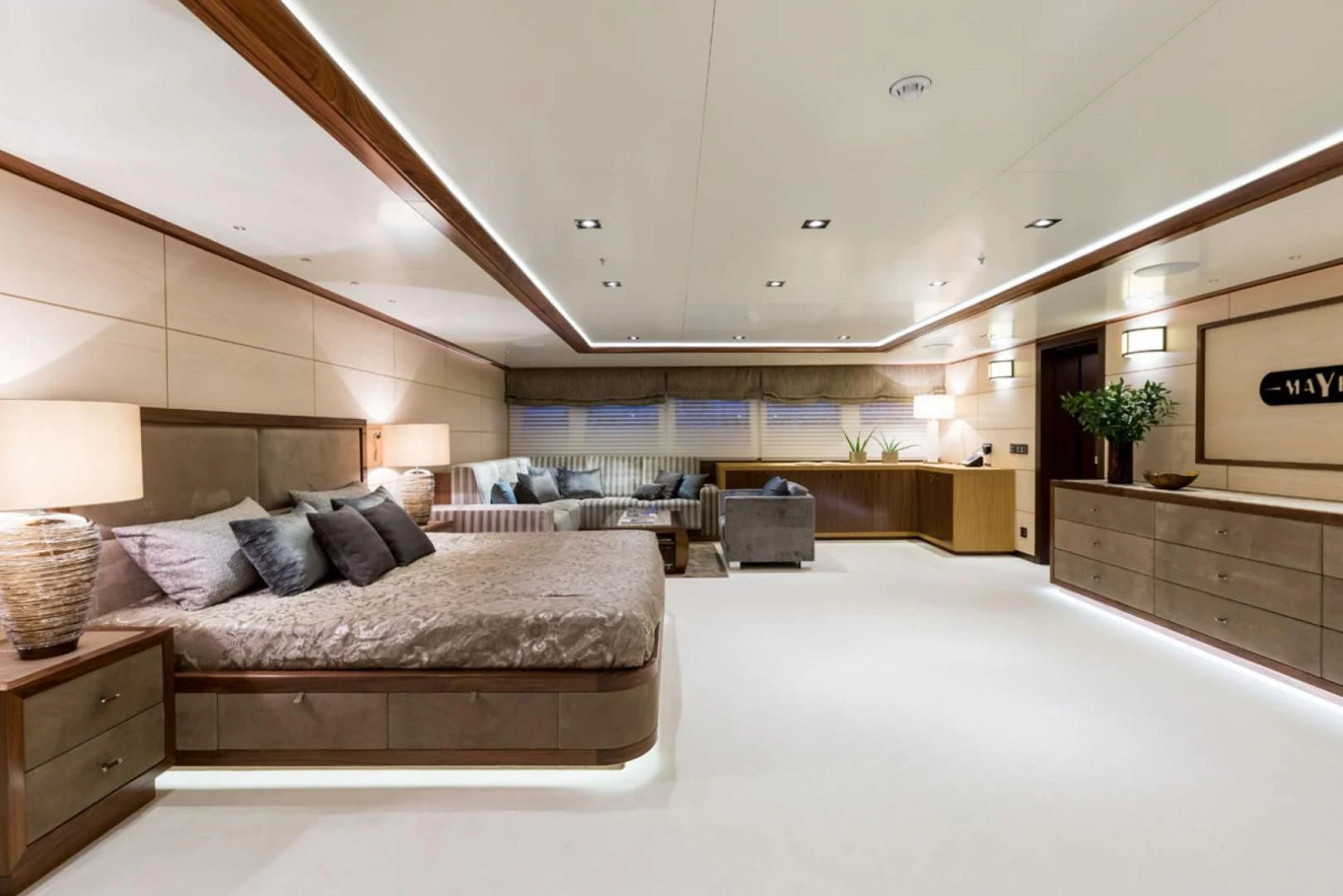 a large bedroom with a large bed aboard MAYBE Yacht for Sale