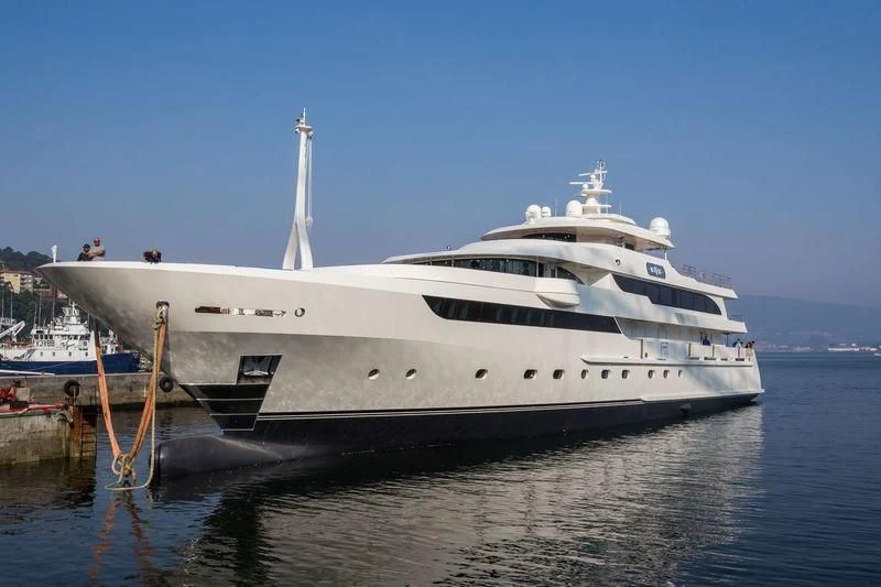 a large white yacht aboard MAYBE Yacht for Sale