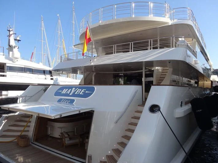 a boat docked at a pier aboard MAYBE Yacht for Sale