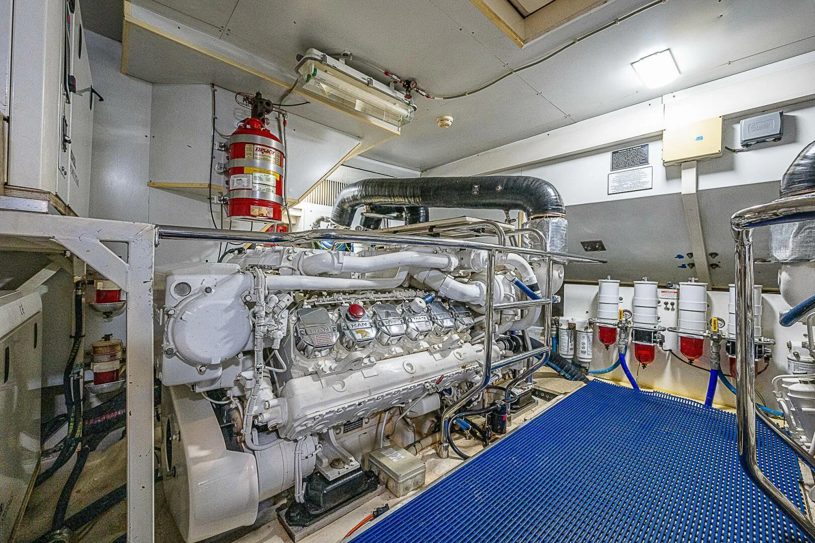 a room with white pipes aboard KNOT NANNY'S Yacht for Sale