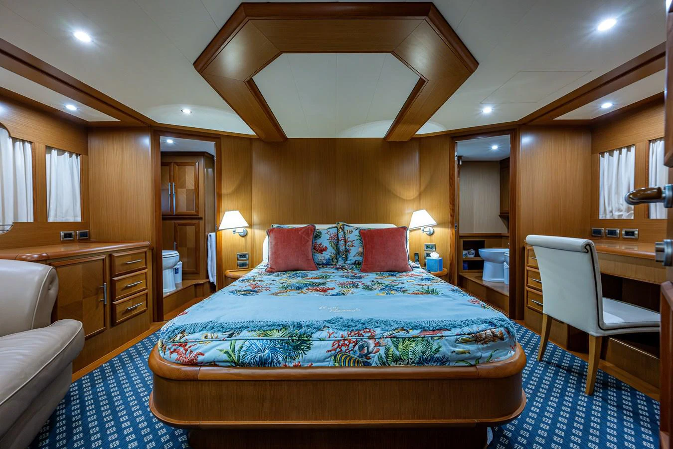 a large bedroom with a large bed aboard KNOT NANNY'S Yacht for Sale