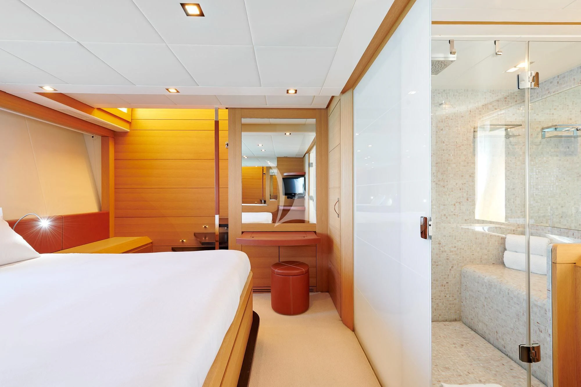 a bathroom with a shower and sink aboard WAHOO Yacht for Sale