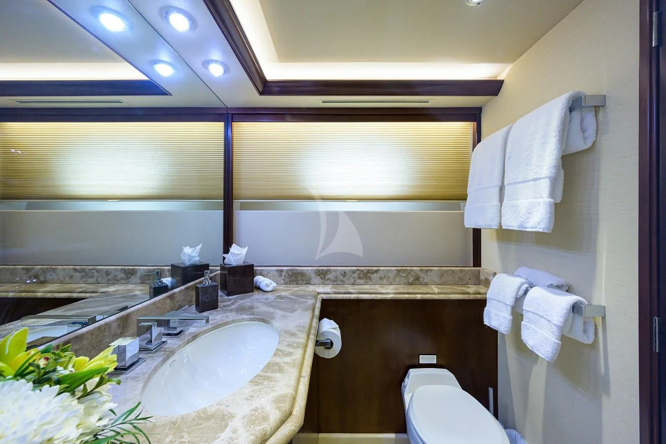 a bathroom with a sink and toilet aboard UNWINED Yacht for Charter