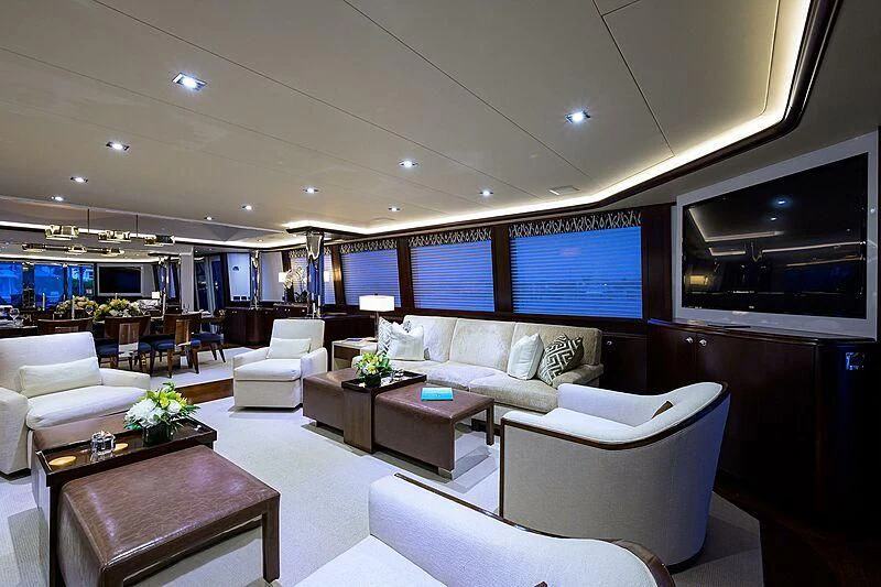 a living room with a large screen aboard UNWINED Yacht for Charter
