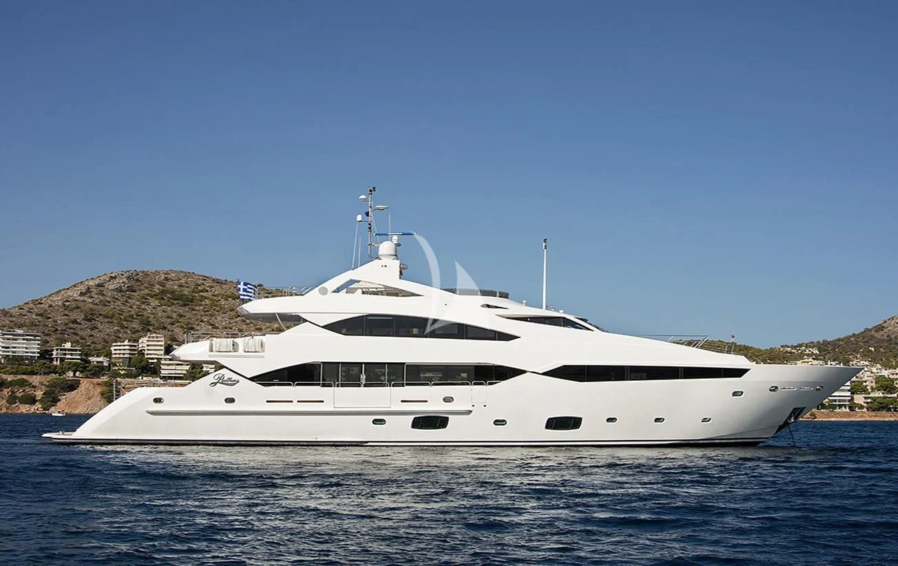 a white yacht on the water aboard PATHOS Yacht for Sale