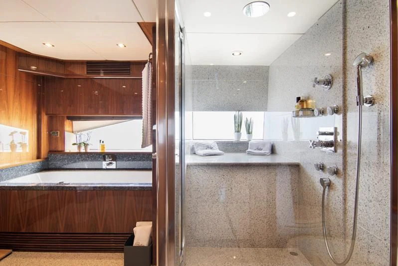 a bathroom with a shower aboard PATHOS Yacht for Sale