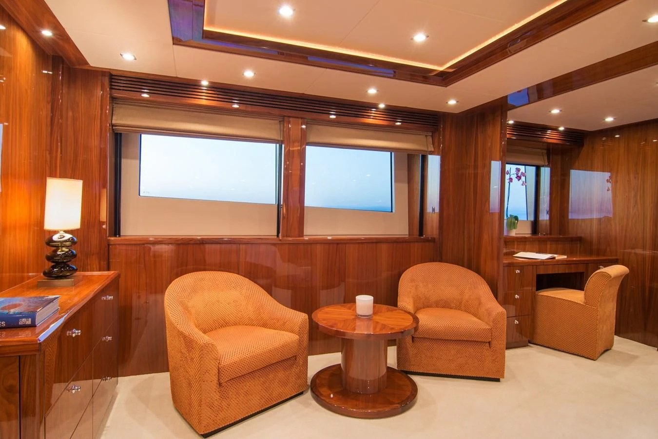 a living room with a large window aboard PATHOS Yacht for Sale