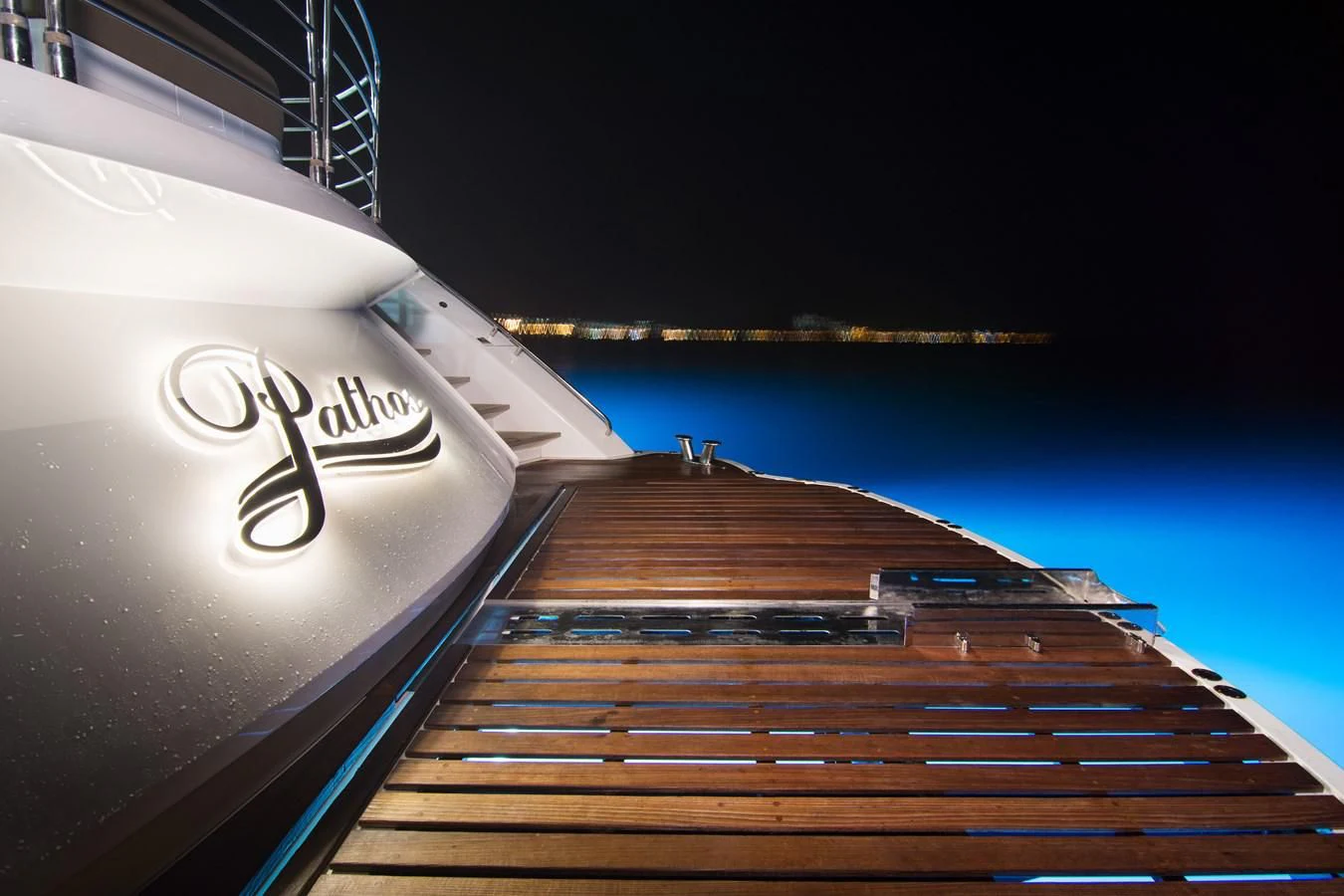 a large ship on the water aboard PATHOS Yacht for Sale