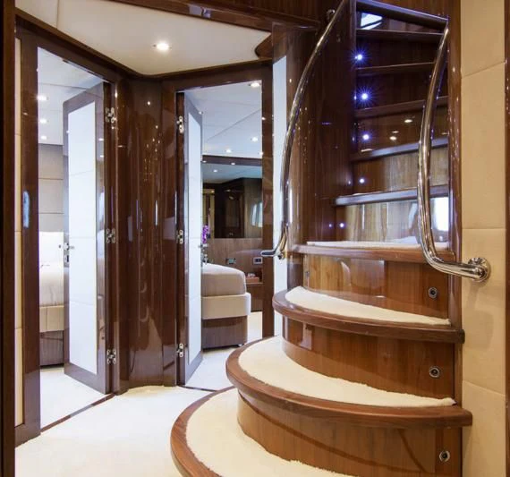a fancy bathroom with a large mirror aboard PATHOS Yacht for Sale