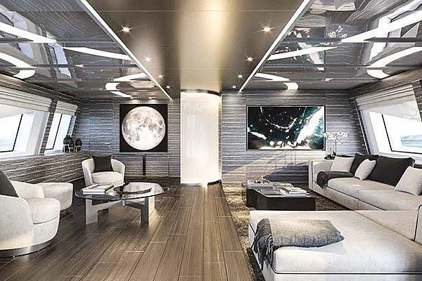a room with couches and a fireplace aboard CHARISMA Yacht for Sale