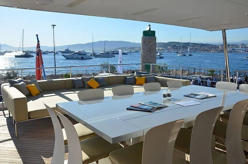 a table with chairs and umbrellas on it aboard CHARISMA Yacht for Sale