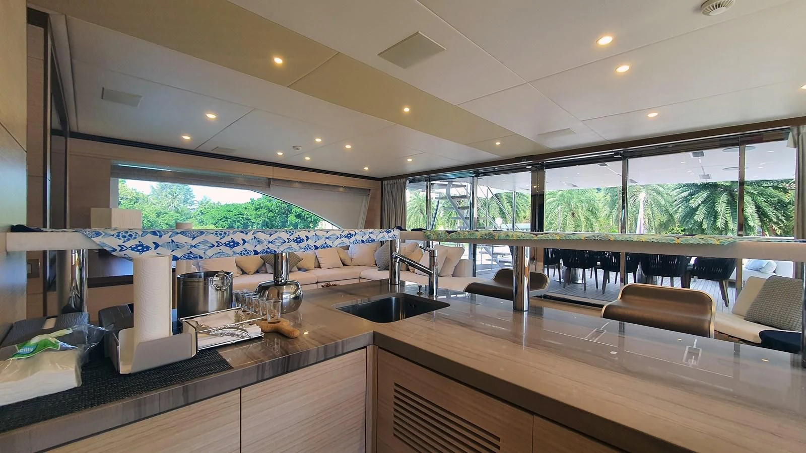 a kitchen with a large island aboard CALYPSO Yacht for Charter