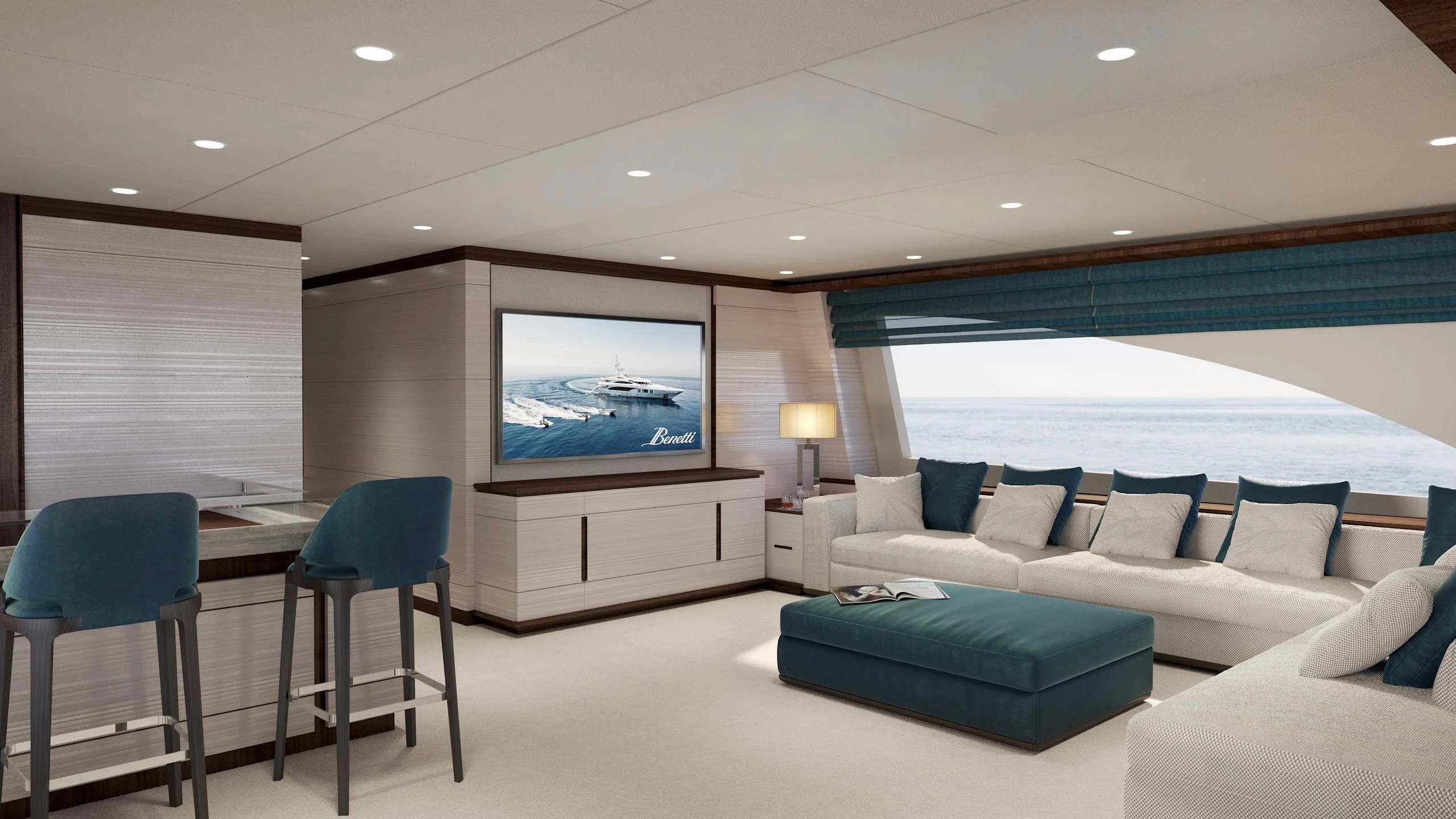 a room with a couch and a table and a television aboard CALYPSO Yacht for Charter