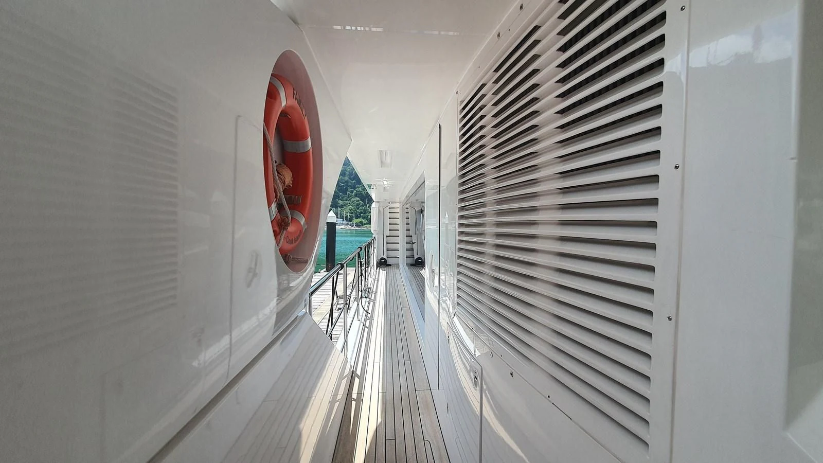 a hallway with a red shoe aboard CALYPSO Yacht for Charter