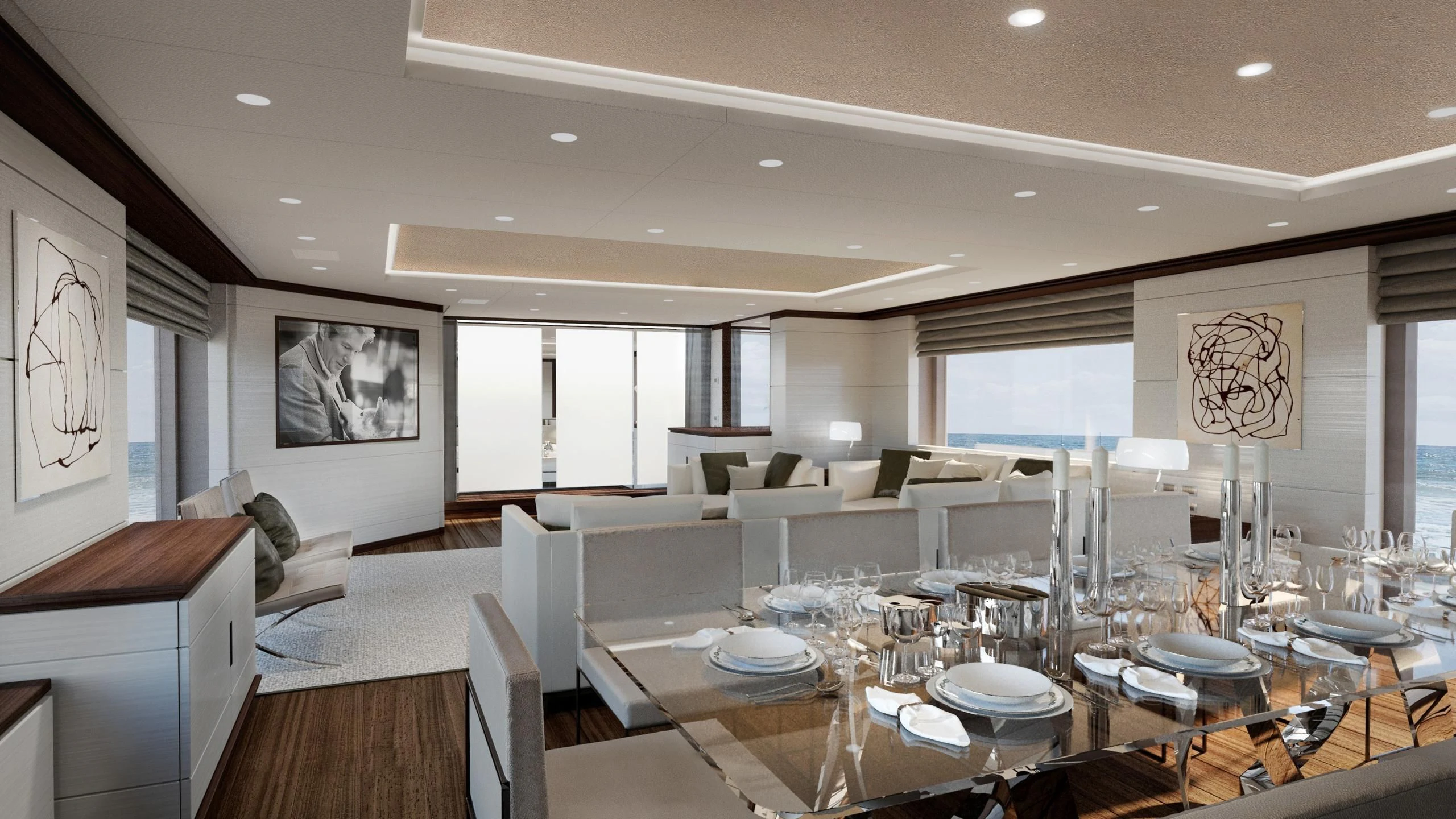 a large room with tables and chairs aboard CALYPSO Yacht for Charter