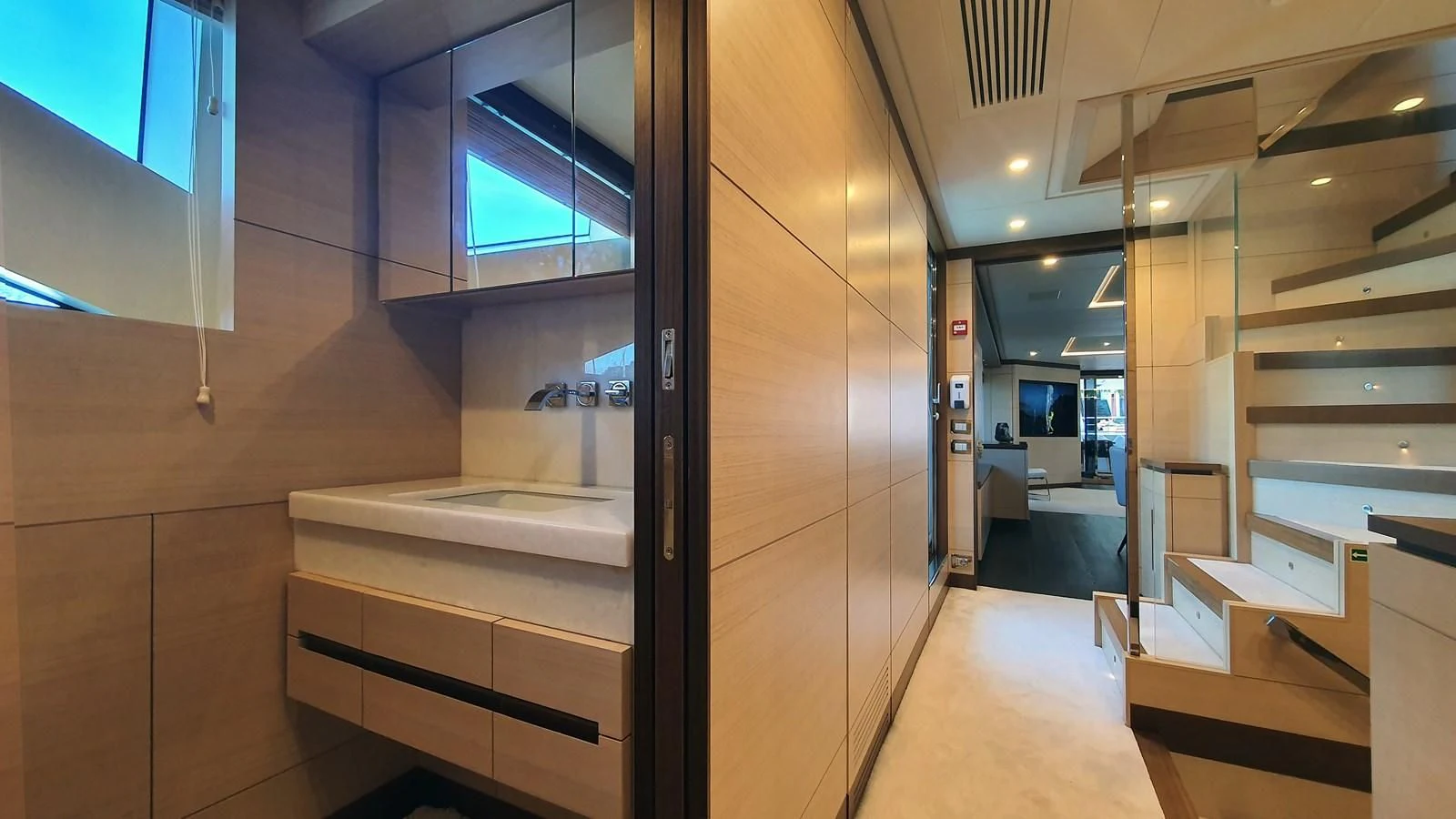 a bathroom with a large glass shower aboard CALYPSO Yacht for Charter