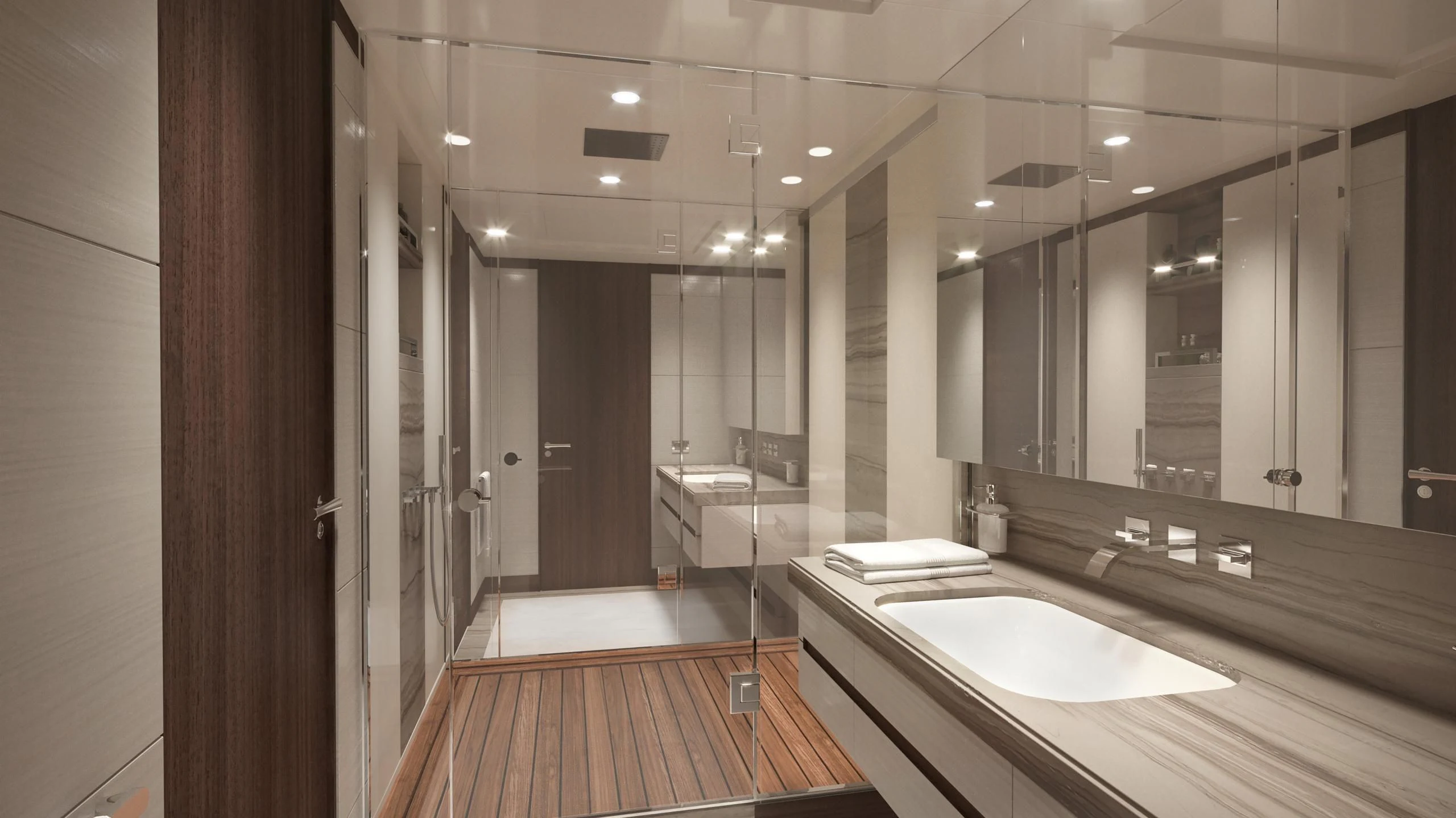 a bathroom with a large mirror aboard CALYPSO Yacht for Charter