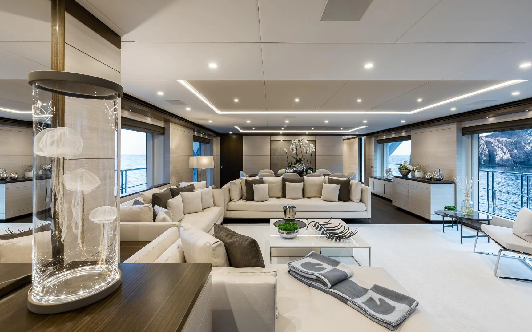 a living room with a glass vase aboard CALYPSO Yacht for Charter