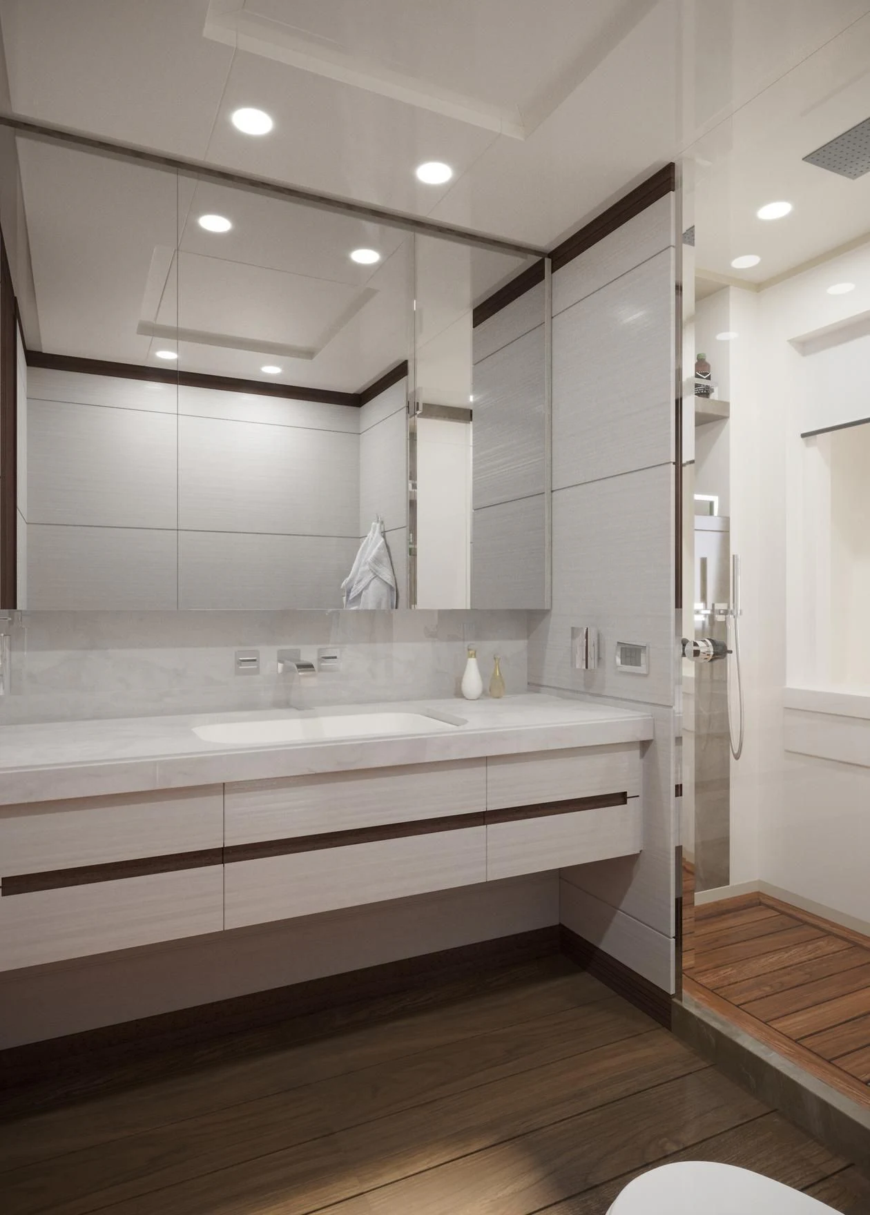 a bathroom with a large mirror aboard CALYPSO Yacht for Charter