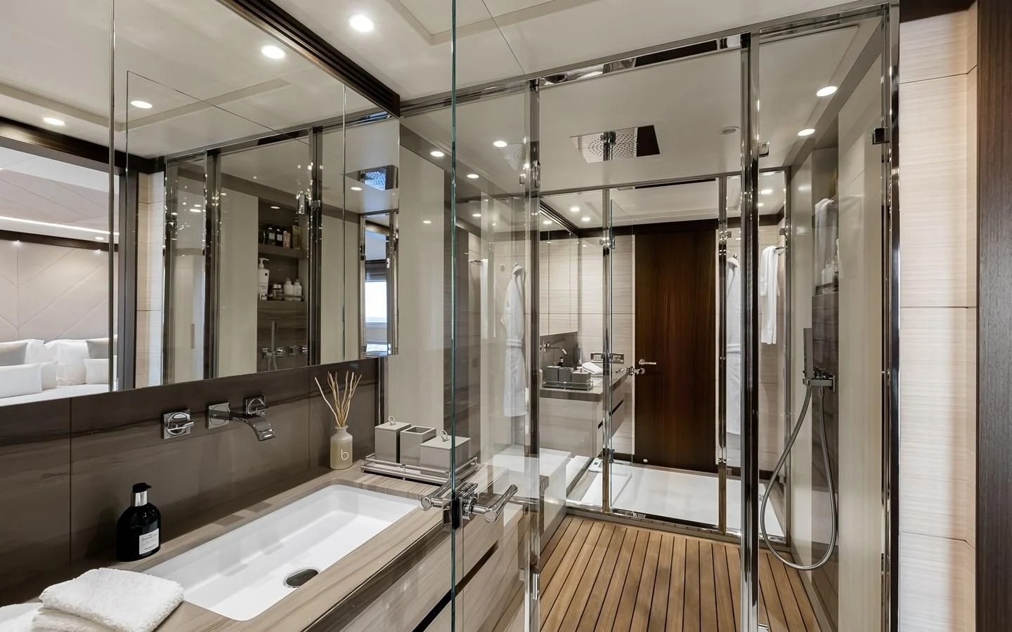 a bathroom with a large glass shower aboard CALYPSO Yacht for Charter