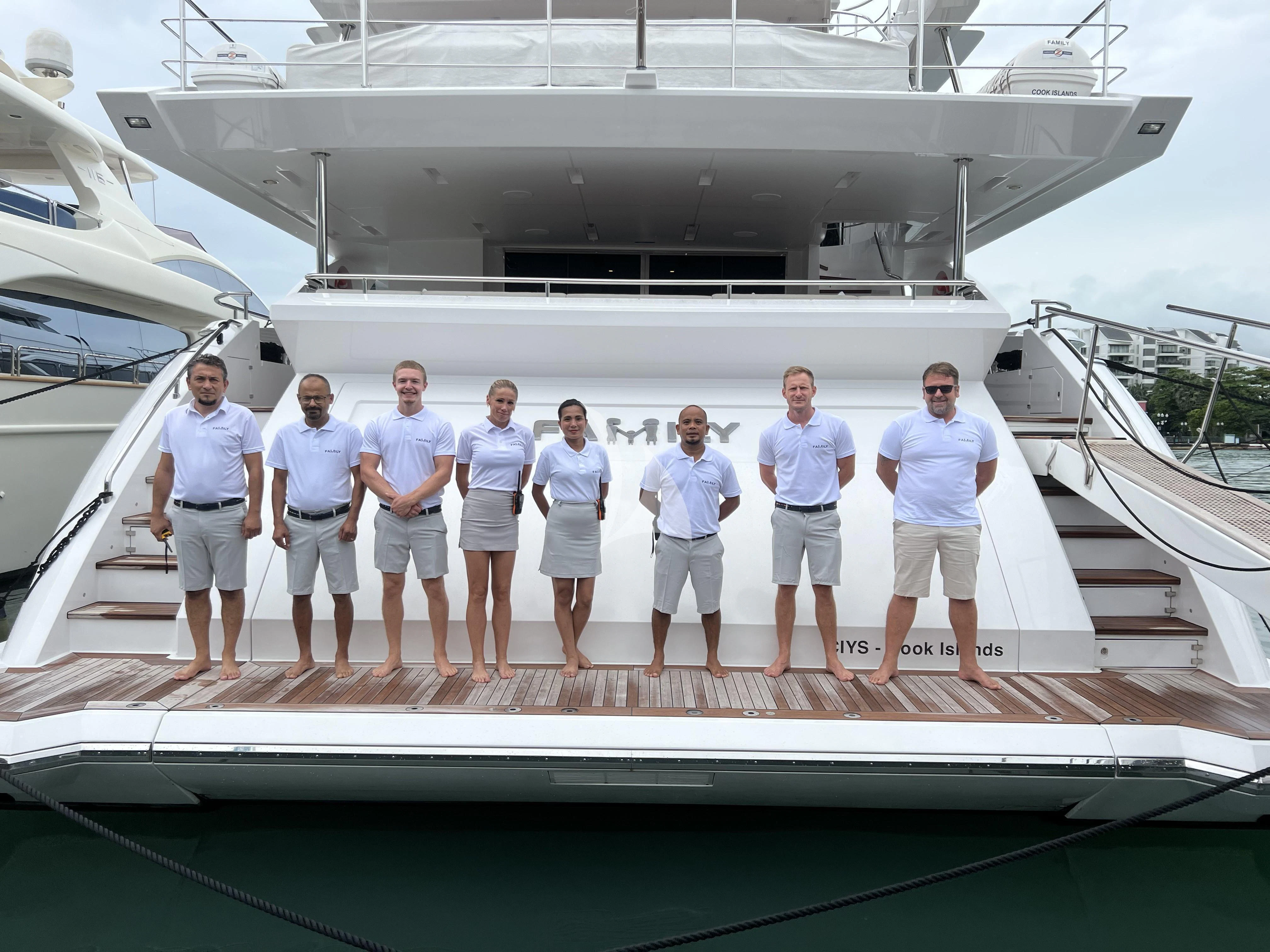 a group of people standing on a deck of a boat aboard CALYPSO Yacht for Charter