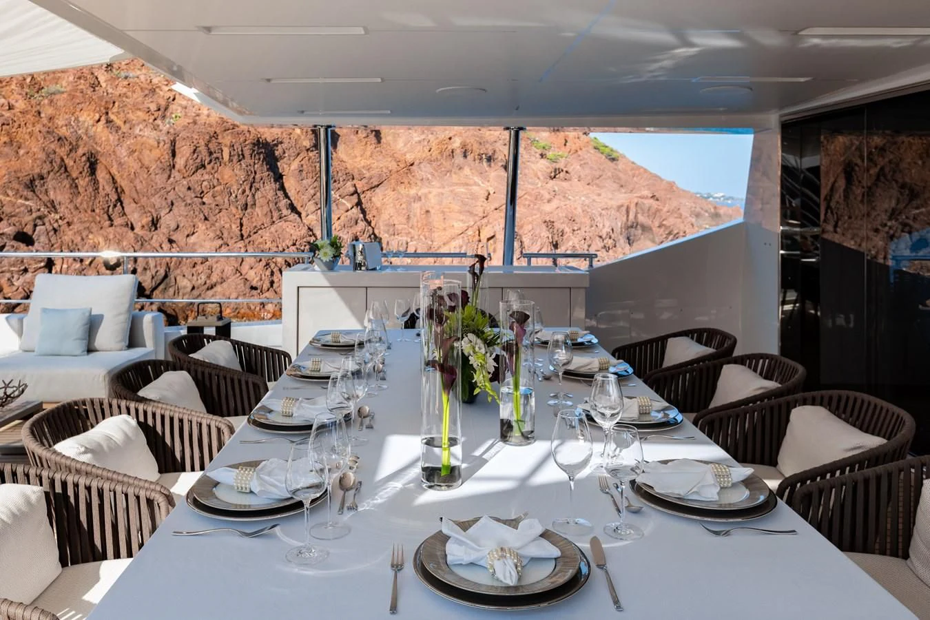 a table set for a meal aboard CALYPSO Yacht for Charter