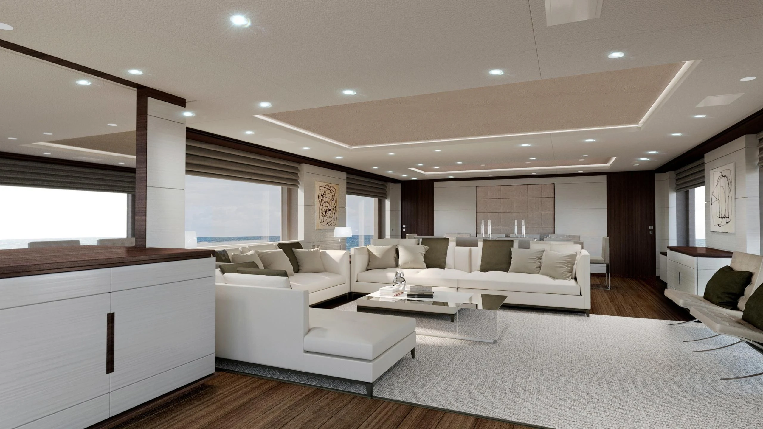 a large living room with white couches and a large window aboard CALYPSO Yacht for Charter