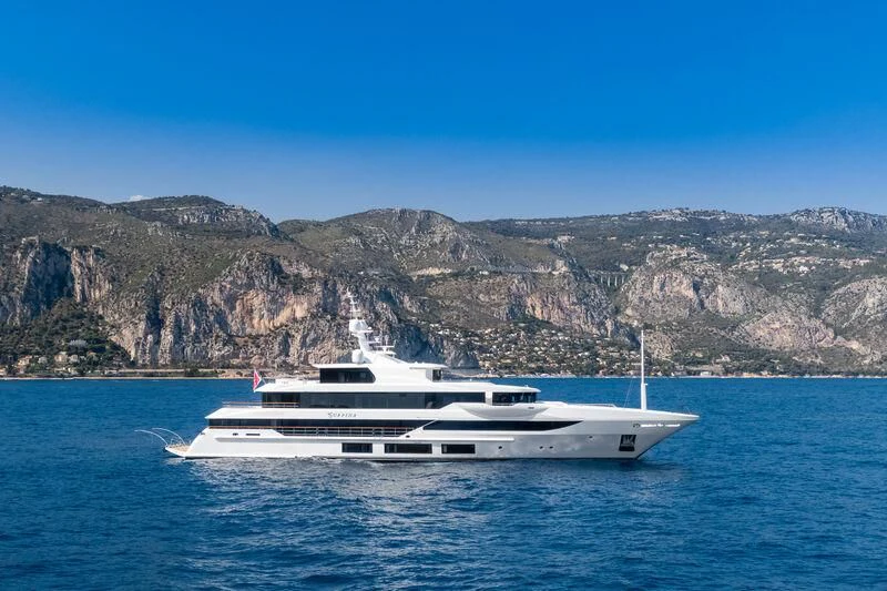 a white yacht in the water aboard SURPINA Yacht for Sale