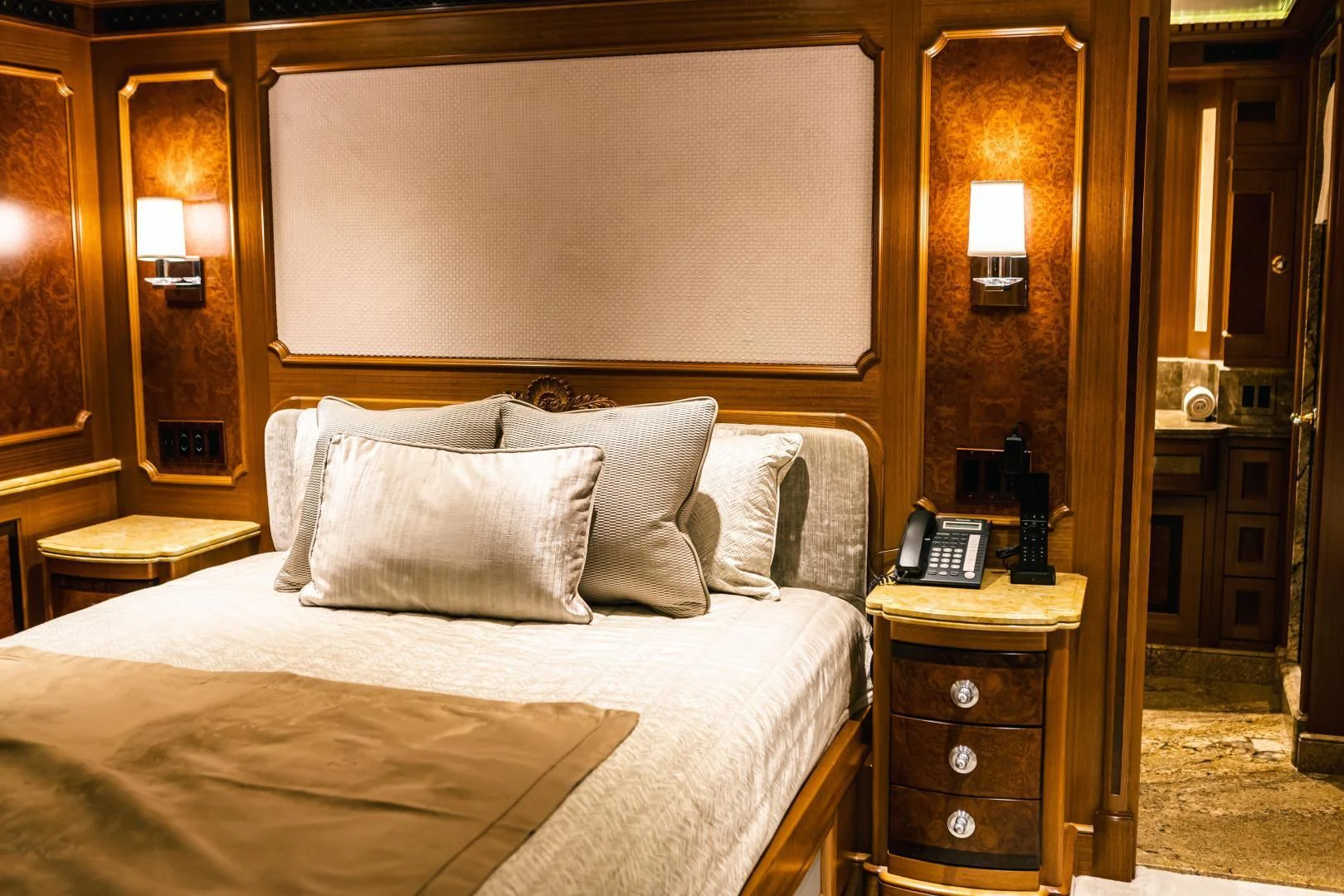 a hotel room with a bed aboard ACTA Yacht for Charter
