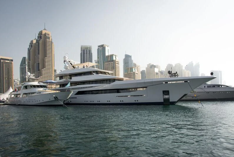 a large white yacht in the water aboard JOY Yacht for Sale