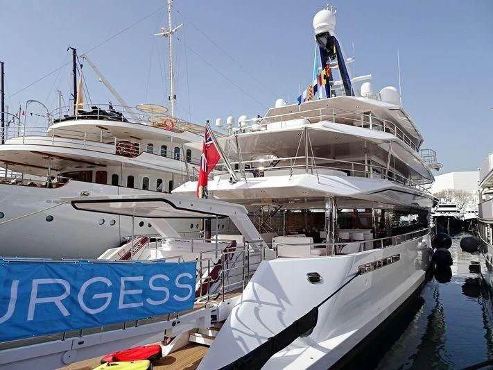a group of boats in a harbor aboard JOY Yacht for Sale