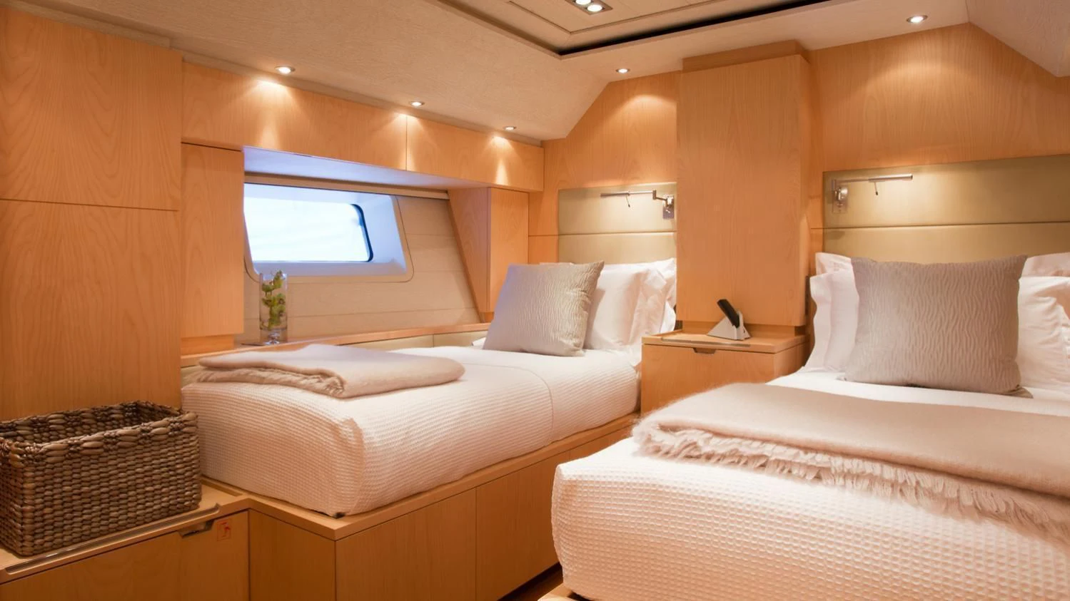 a room with two beds aboard GUILLEMOT Yacht for Sale