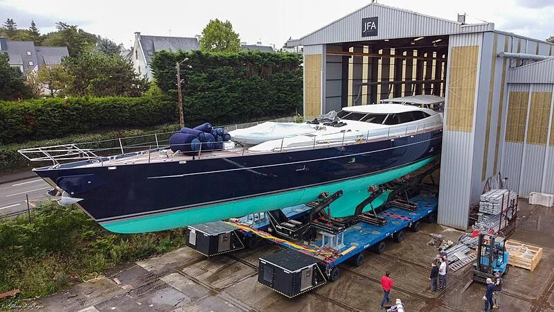 a boat on a trailer aboard GUILLEMOT Yacht for Sale