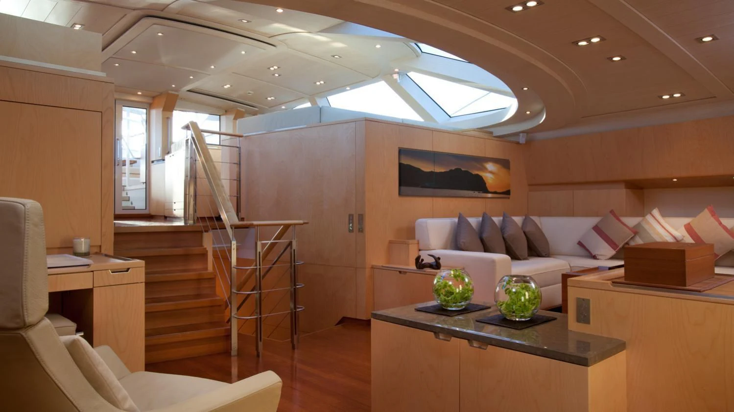 a modern looking living room aboard GUILLEMOT Yacht for Sale
