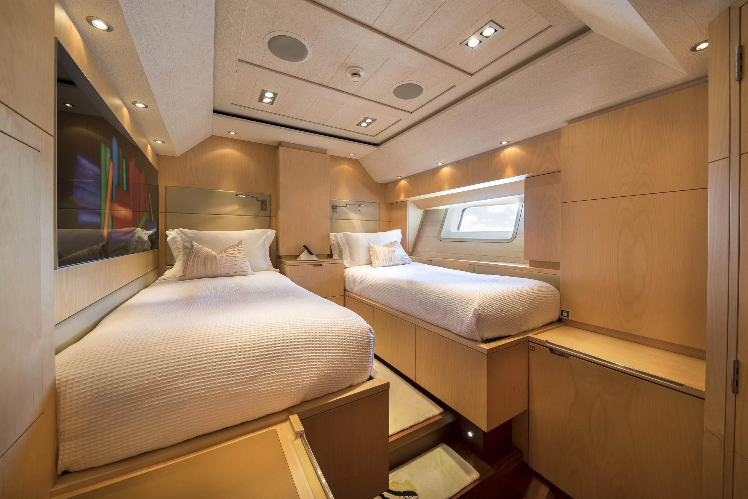 a room with two beds aboard GUILLEMOT Yacht for Sale