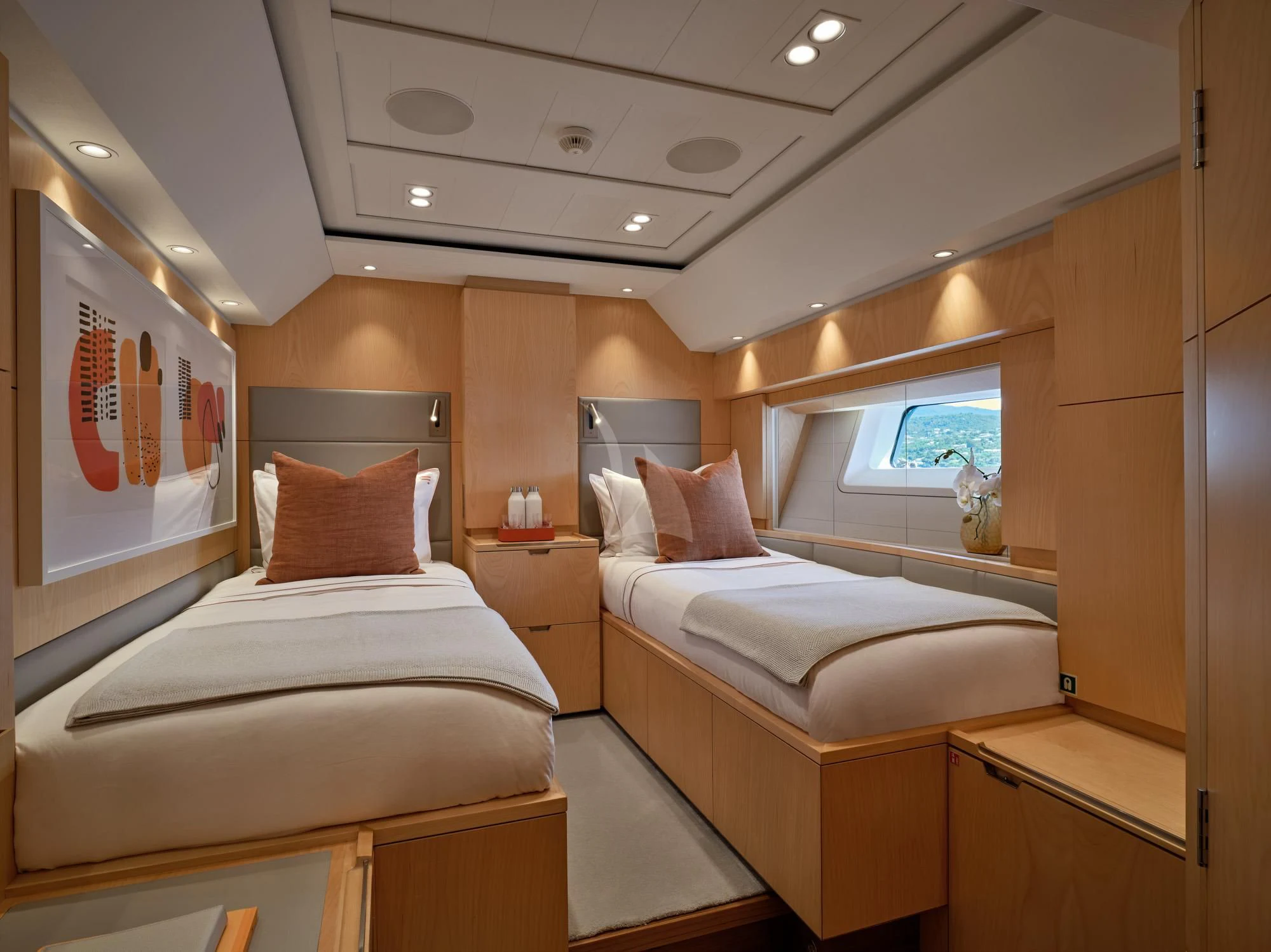 a room with two beds aboard GUILLEMOT Yacht for Sale