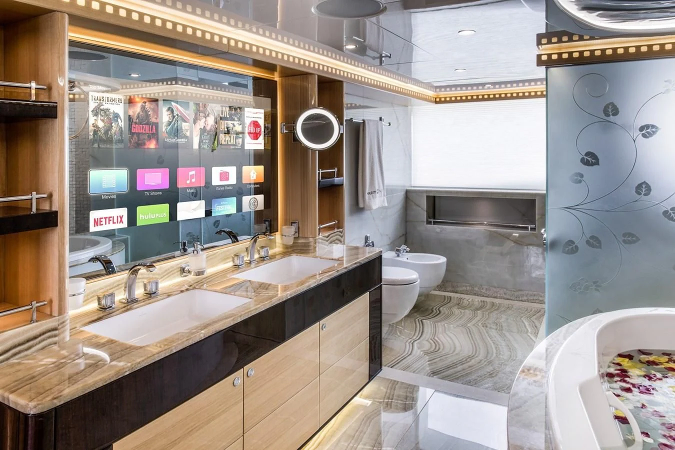 a bathroom with a large mirror aboard MAJESTY 155 Yacht for Sale