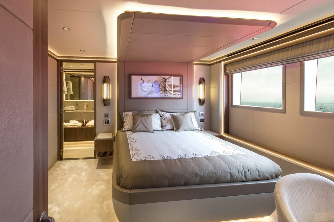 a bedroom with a bed aboard MAJESTY 155 Yacht for Sale