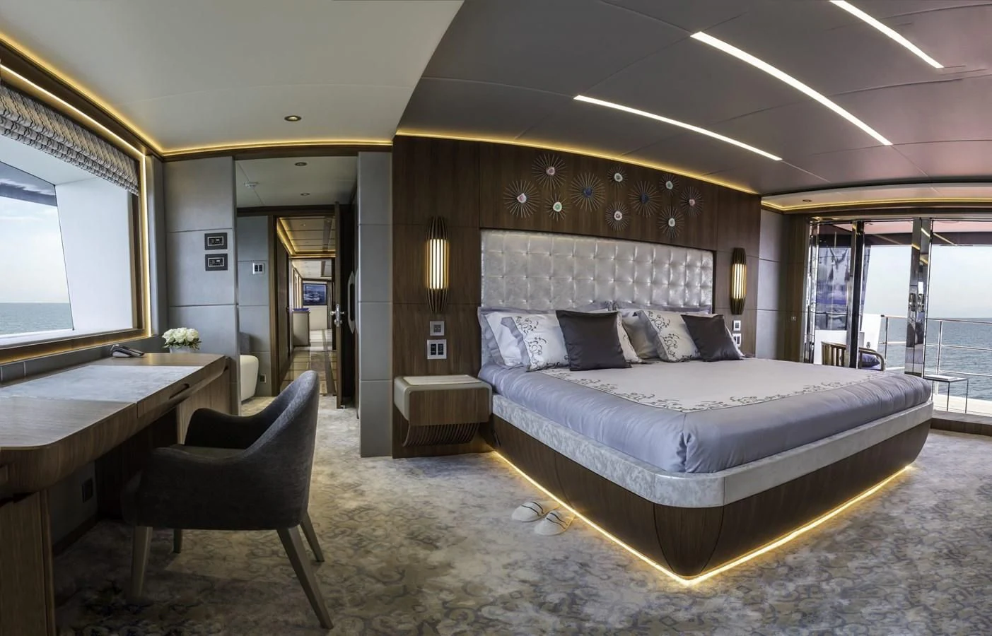 a large bedroom with a large bed aboard MAJESTY 155 Yacht for Sale