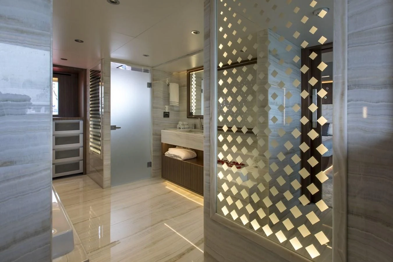 a bathroom with a shower aboard MAJESTY 155 Yacht for Sale